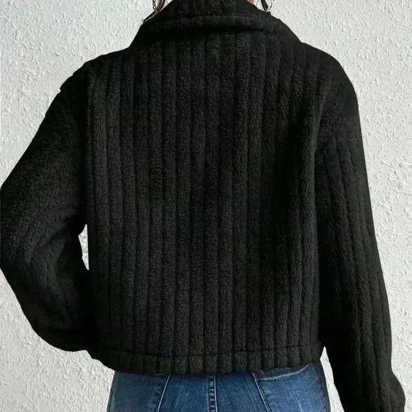 Black Casual Women's Flap Detail Button Front Flannel Jacket - Picture 2 of 6